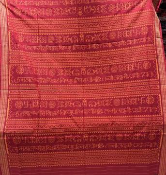 Beautiful Ikat weave Shri Laxmi mantra and spiritual motifs Cotton Saree with blouse piece