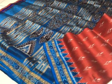 Red and blue combination traditional motifs Ikat weave Khandua Silk saree without blouse piece
