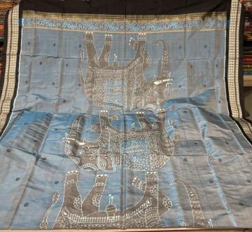 Intricately woven elephant motifs dual tone Ikat Silk Saree with blouse piece