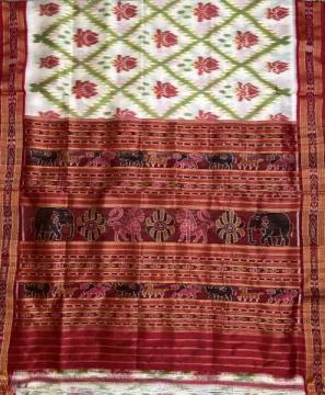 Beautiful Lotus motifs Khadua Silk Ikat saree without blouse piece