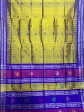 Dual tone lemon green with royal blue needle temple border double Aanchal Berhampuri silk saree