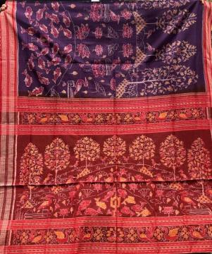 Exclusively woven fish lotus tree motifs cotton Ikat saree with blouse piece
