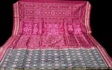 Beautiful gray and pink combination traditional Ikat weave silk saree with blouse piece