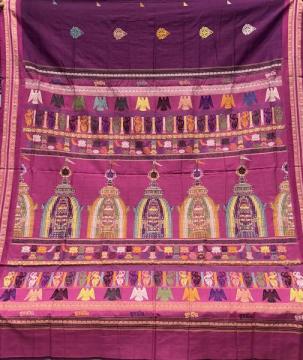 Shree mandira theme with Nilachakra dancers lotus motifs Bomkai weave cotton saree with blouse piece