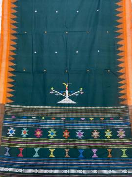 Dark green n orange thick cotton double Aanchal Ganjam Bomkai cotton saree with blouse piece