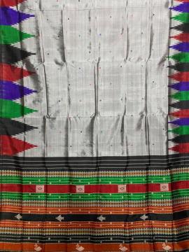 Multicoloured border with heavy thread work double pallu Berhampuri silk saree with blouse piece