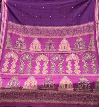 Intricately woven temple theme with dancer motifs cotton Bomkai saree with blouse piece