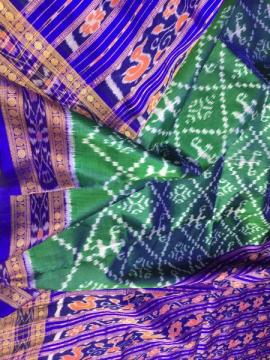 Tribal motifs all over Ikat work patli pallu Khandua silk saree without blouse piece