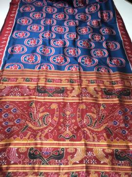 Lotus motifs body with peacock Aanchal Khandua silk Ikat saree with blouse piece