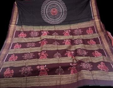 Elephant and lotus motifs body with jhoti motifs body cotton Ikat saree with blouse piece