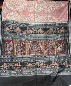 Beautiful peacock motifs theme Ikat weave cotton saree with blouse piece