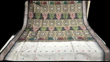 Intricately woven Konark temple and Konark wheel motifs Bomkai silk saree with blouse piece