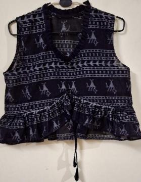 Frills with adjustable string Ikat weave sleeveless cotton crop top