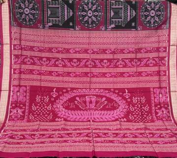 Exquisite Konark temple theme body with Laxmi feet motif Aanchal Ikat Silk saree with blouse piece