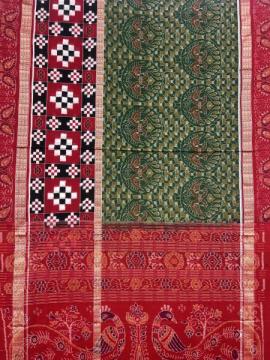Peacock motifs body and Aanchal with Pasapalli border Cotton Ikat saree with blouse piece