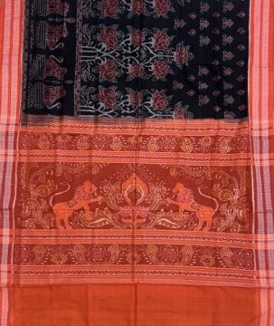 Exclusively woven lion and rose motifs cotton Ikat saree without blouse piece