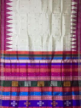 Phoda kumbha Border heavy thread work double Aanchal classic white Berhampuri silk saree with blouse