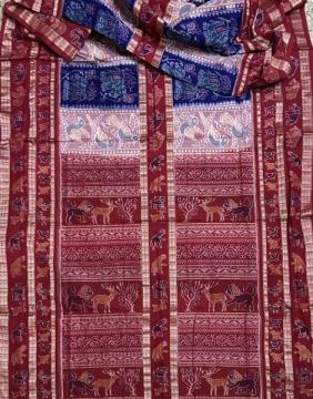 Master weaver s  creation birds and animal motifs cotton Ikat saree with blouse piece