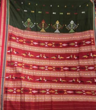 Bird motifs Aanchal with fish buti body cotton Bomkai saree with blouse piece