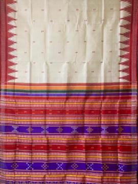 Heavy thread work creamy white laal paar double Aanchal Berhampuri silk saree with blouse piece