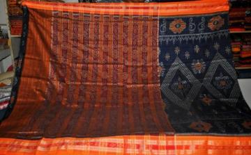 Blue Orange Orissa Handloom Ikat Saree without Blouse piece