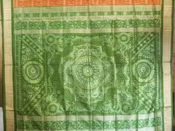 Rust and Green Beautiful All over Ikat work SIlk Saree With Blouse Piece
