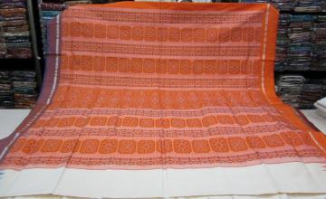 Ganga Jamuna Borders in Orange n Blue Silk Saree in White