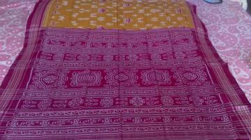 Tribal Design In Ikkat Mustard Yellow n Maroon Cotton Saree with Blouse Piece