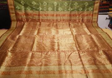 Tribal work in Ikat Traditional Tissue Silk Saree with Blouse Piece