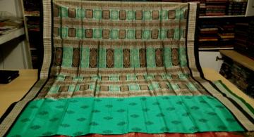 Sea Green And Black Floer Motifs Silk Bomkai Saree with Blouse Piece