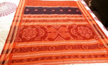 Exquisite Fish Aanchal Body Stripes Black and Orange Ikat Cotton Saree with Blouse Piece