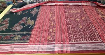 Exclusively Woven Dancers and Animal Motifs Ikat Cotton Saree with Blouse piece