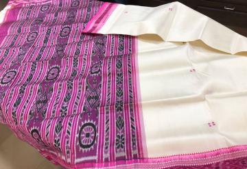 Off white and Pink Traditional Khandua Ikat Silk Saree
