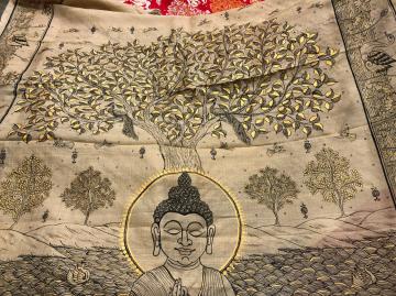 Budha theme black and Golden painting on Tasar Saree with blouse piece