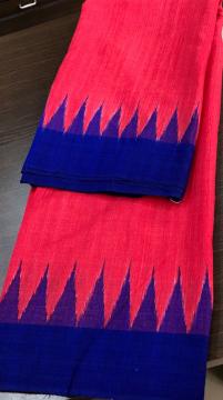Traditional Aanchal Temple border Red and Blue Tasar Saree with Blouse