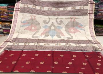 Peacock motifs reddish maroon and off white Bomkai Silk Saree with blouse piece