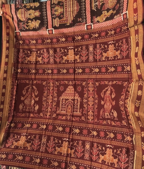 Intricately Woven Temple Motifs cotton ikat Saree with Blouse Piece