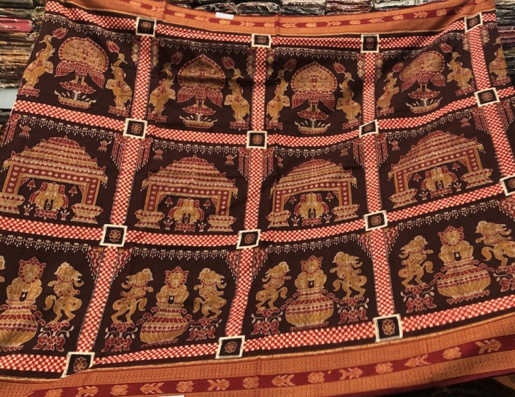 Intricately Woven Temple Motifs cotton ikat Saree with Blouse Piece