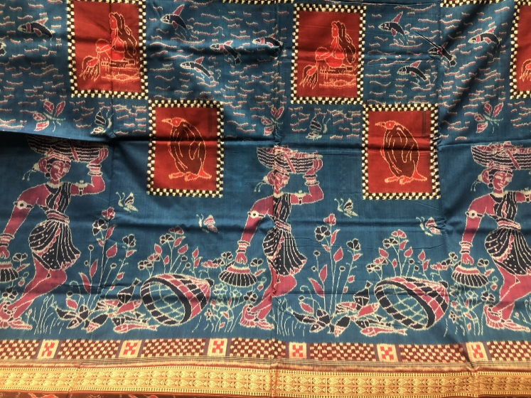 Exclusively woven water bodies and fisher women theme cotton Ikat Saree with blouse piece