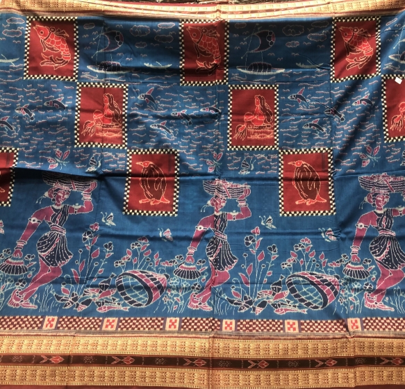 Exclusively woven water bodies and fisher women theme cotton Ikat Saree with blouse piece