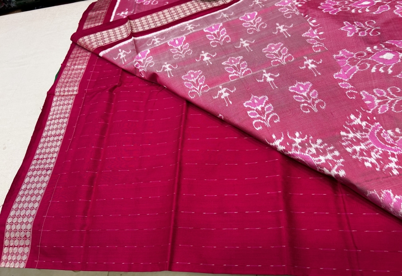 Swan and flower motifs with tribal touch Ikat Silk Saree with blouse piece