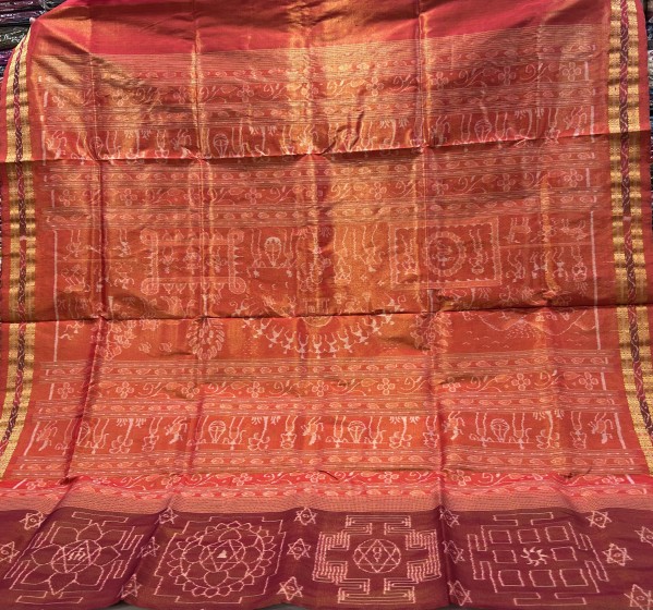 Yantra theme body with tribal Aanchal tissue silk Ikat saree with blouse piece