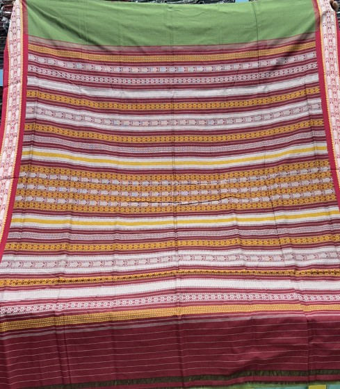Green red fish and turtle motifs cotton bomkai saree with blouse piece