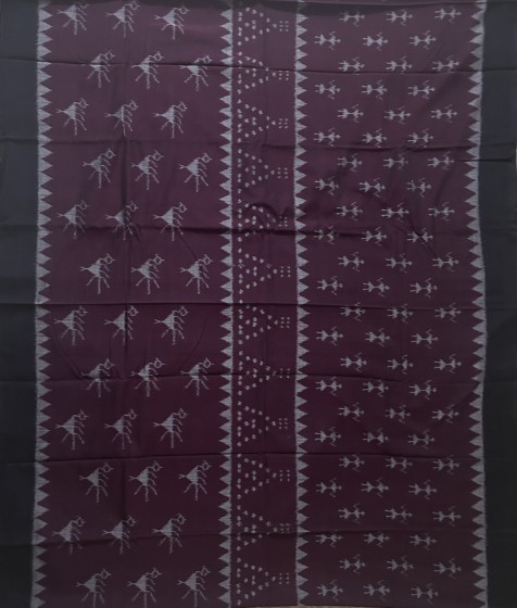 Tribal and bird motifs maroon and black combination Cotton Ikat saree without blouse piece