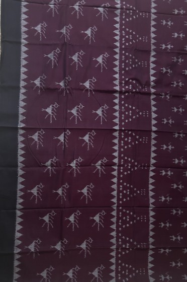 Tribal and bird motifs maroon and black combination Cotton Ikat saree without blouse piece