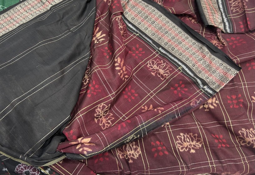 Rudraksha and flower buti border with lotus motifs body Cotton Ikat saree with Blouse piece