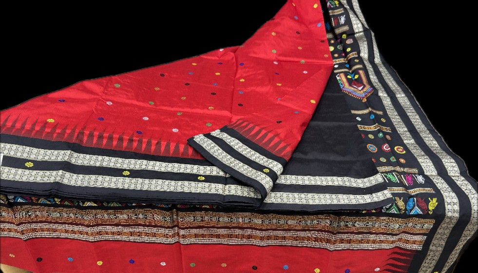 Beautiful red and black combination dolabedi Silk saree with blouse piece